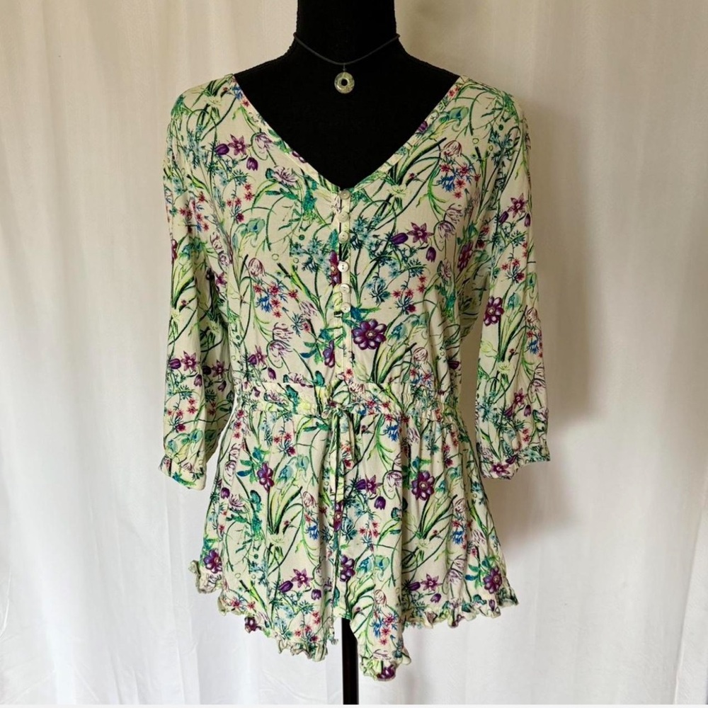 California Gypsy Green & Cream Boho Button Front 3/4 Sleeve Blouse Size L